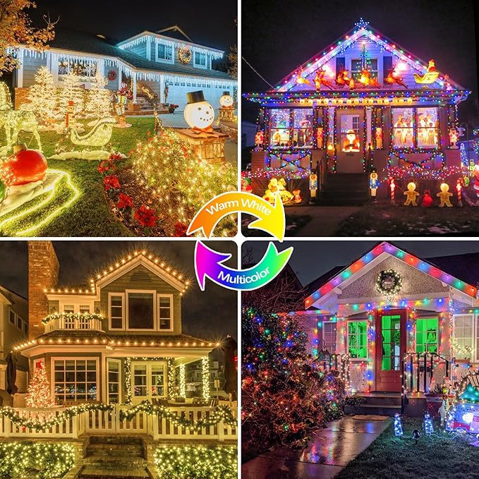 Warm White and Multicolor Color Changing Solar String Lights for Outside, 2 Pack 400LED Solar Christmas Lights Outdoor, Waterproof Copper Wire with 8 Modes Twinkle Fairy Light for Tree Christmas Decor