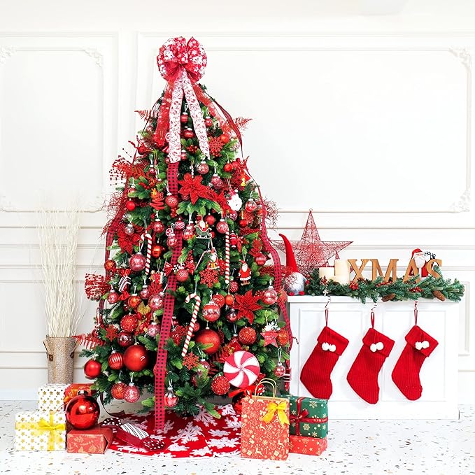 XmasExp 8ct Christmas Ball Ornaments Set -Large Clear Plastic Shatterproof Xmas Tree Ball Hanging Baubles Stuffed Delicate Glittering for Holiday Wedding Xmas Party Decoration (100mm/3.94",red)