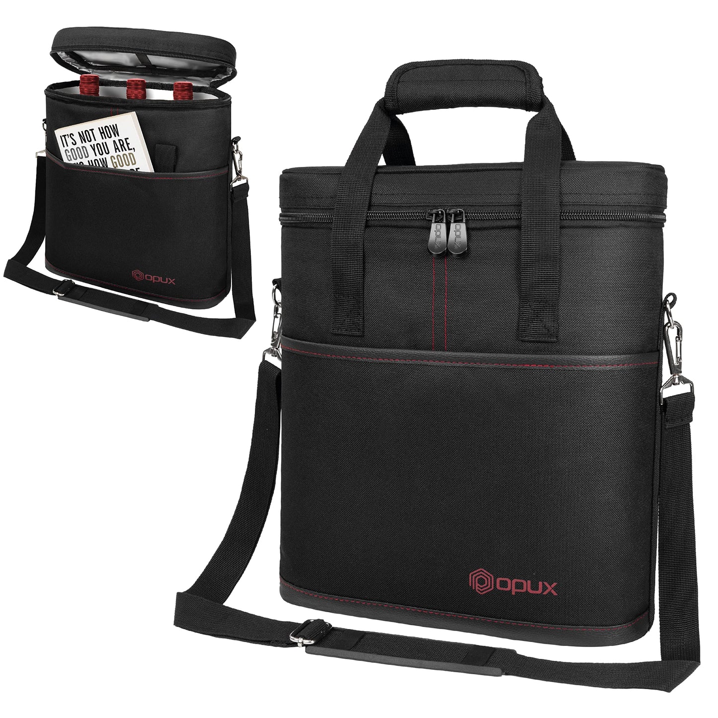 opux 3 Bottle Wine Carrier Tote, Insulated Leakproof Wine Cooler Bag, Wine Travel Bag Tote for Picnic BYOB Beach, Portable Wine Bottle Carrying Case, Gift for Wine Lover Women Men Christmas, Black