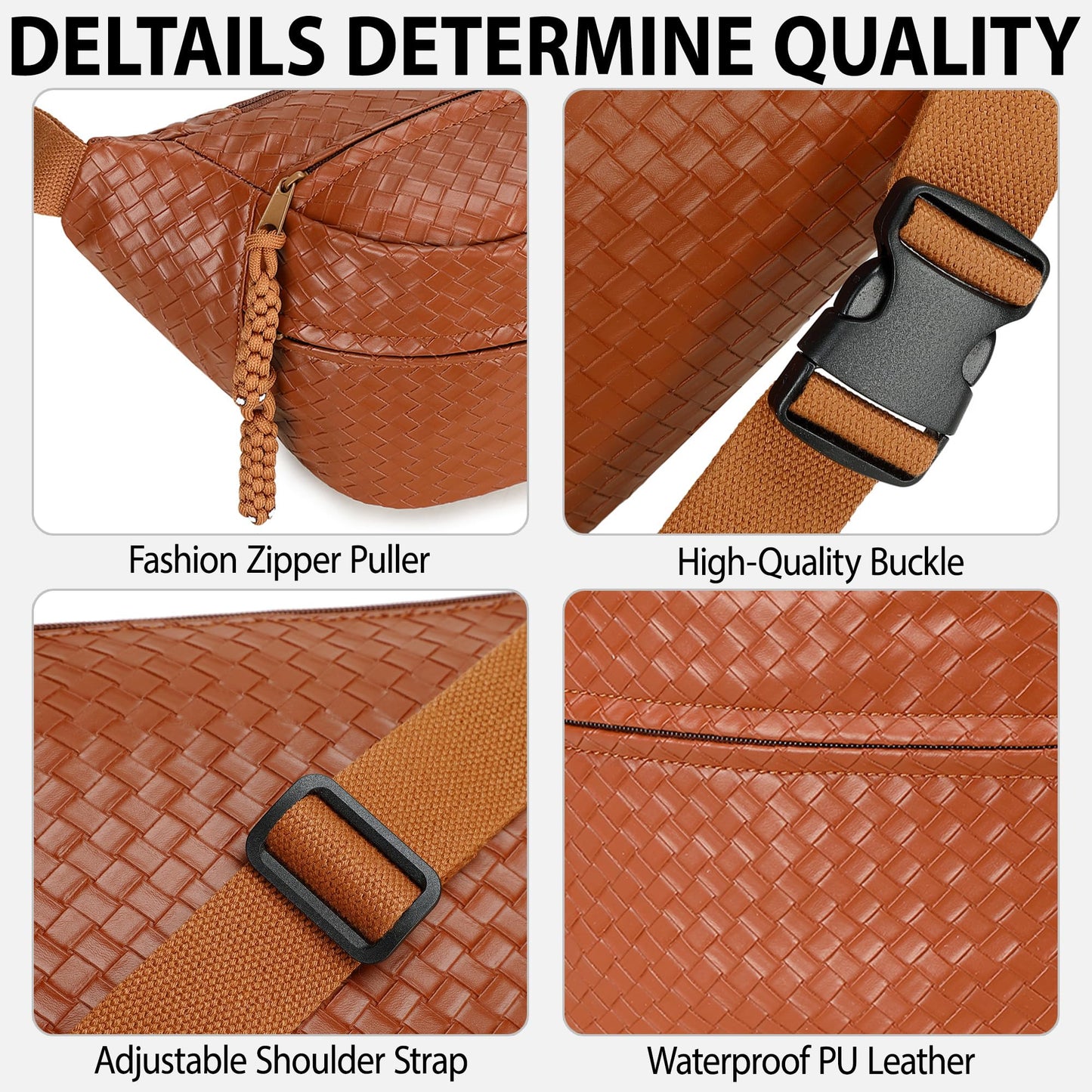 Sling Bag for Women Men,Woven Leather Fashionable Fanny Pack Crossbody Bags with Adjustable Shoulder Strap Chest Packs for Travel Cycling Work Sport Hiking Gym,Large-Brown