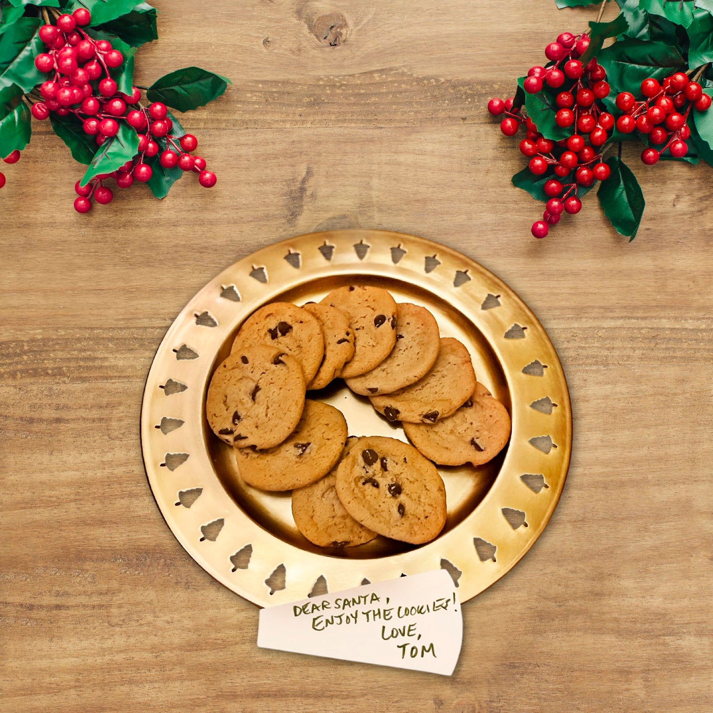Luene Gold Christmas Tree Tray with Cutouts - Round Circular Charger Plate with Christmas Trees Edge - Decorative Serving Platter, Holiday Cookie Plate for Santa