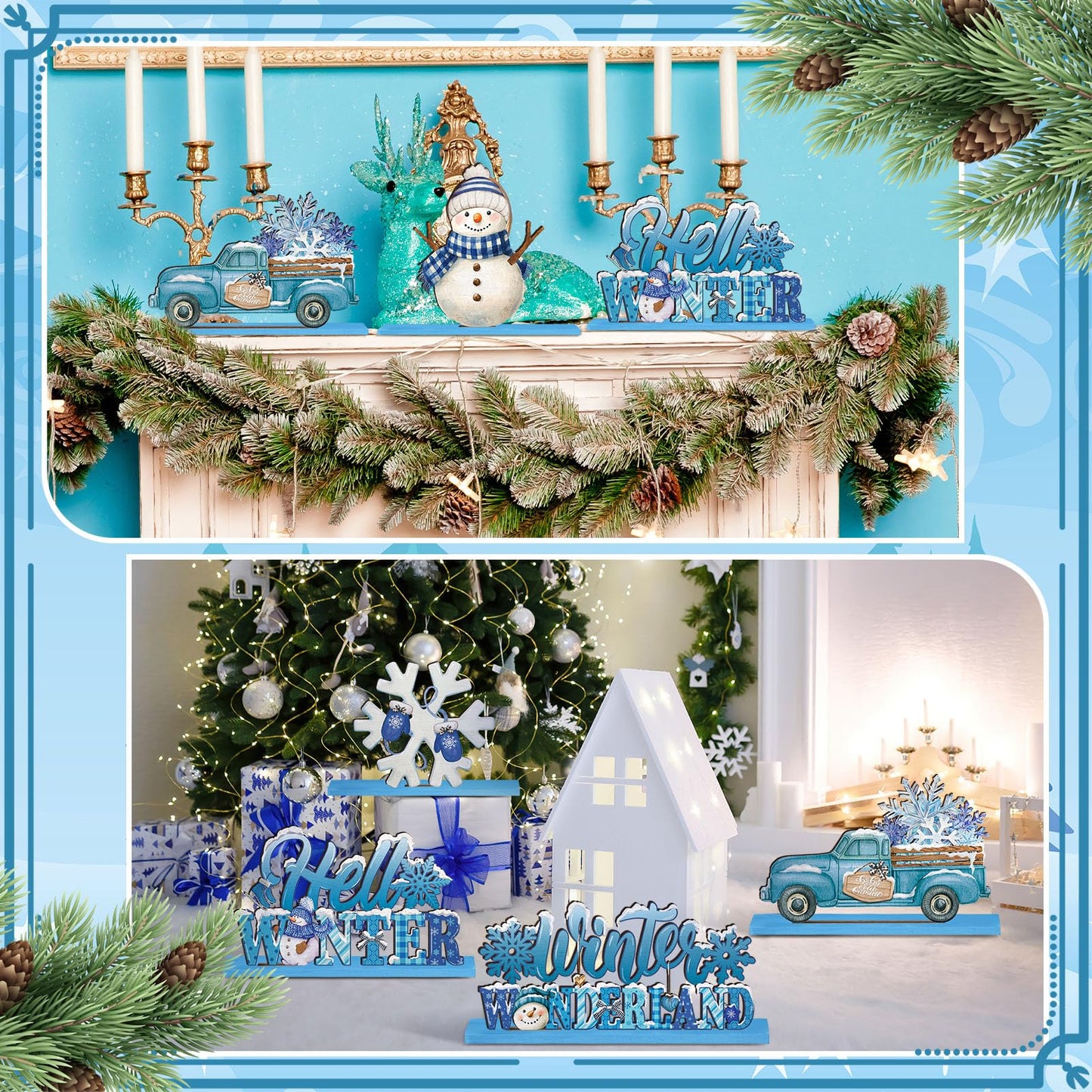 Realspring 6 Pcs Winter Table Decorations Winter Wooden Wonderland Snowflake Snowman Table Centerpieces Blue Christmas Tabletop Signs Rustic Farmhouse Desk Topper for Party Office Decor Supplies