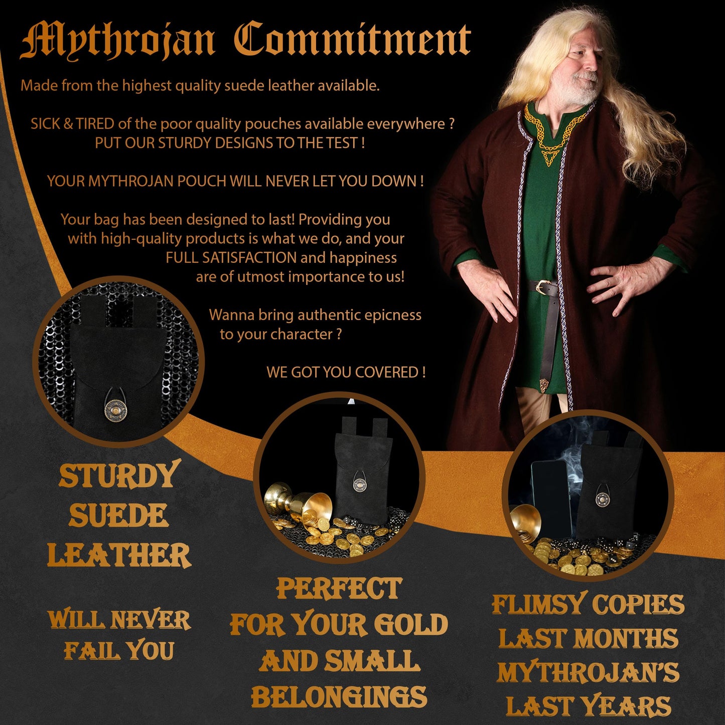 Mythrojan Medieval Renaissance Suede Jewelry Belt Pouch LARP Costume Waist Bag for Historical Reenactment, Cosplay, Stage Props - Black