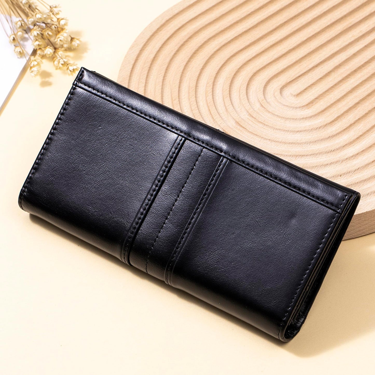 LUKZIJAES Wallets for Women Slim Long RFID Blocking Ladies Genuine Leather Bifold Wallet Womens with ID Window Coin Pocket (#1-Black)