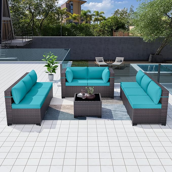 Kurapika 9 Pieces Patio Furniture Set, Rattan Wicker Outdoor Conversation Sets w/4 Inch Cushion and Glass Coffee Table(Blue)