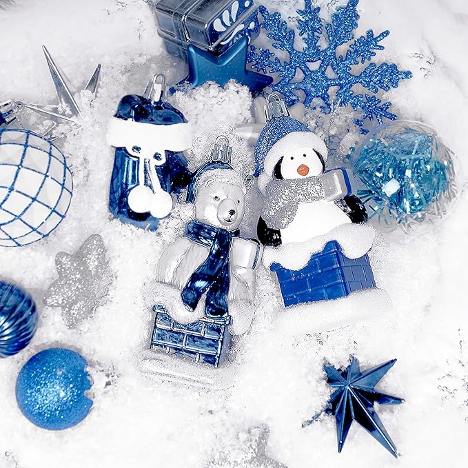 Alupssuc 112pcs Christmas Balls Ornaments Set, Shatterproof Plastic Baubles Christmas Penguin, Polar Bear for Xmas Tree Holiday Wedding Party Decorations with Hanging Strings, Blue and White