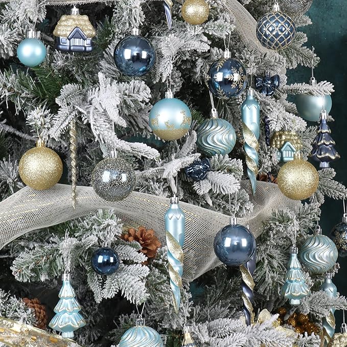 124Ct Blue and Gold Christmas Tree Ornaments Set, Shatterproof Assorted Christmas Decorations for Xmas Tree Snowflake Icicle House Ball Ornaments Baubles for Holiday Party Decor(Blue & Gold)