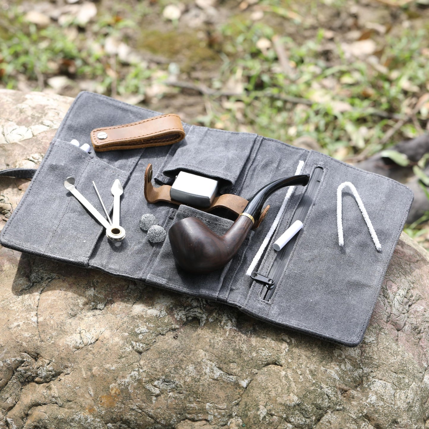 Whitluck's Waxed Canvas Tobacco Smoking Pipe Pouch with Leather Pipe Stand, Travel Pipe Case Bag for 2 Pipes and Other Accessories (Charcoal Grey)