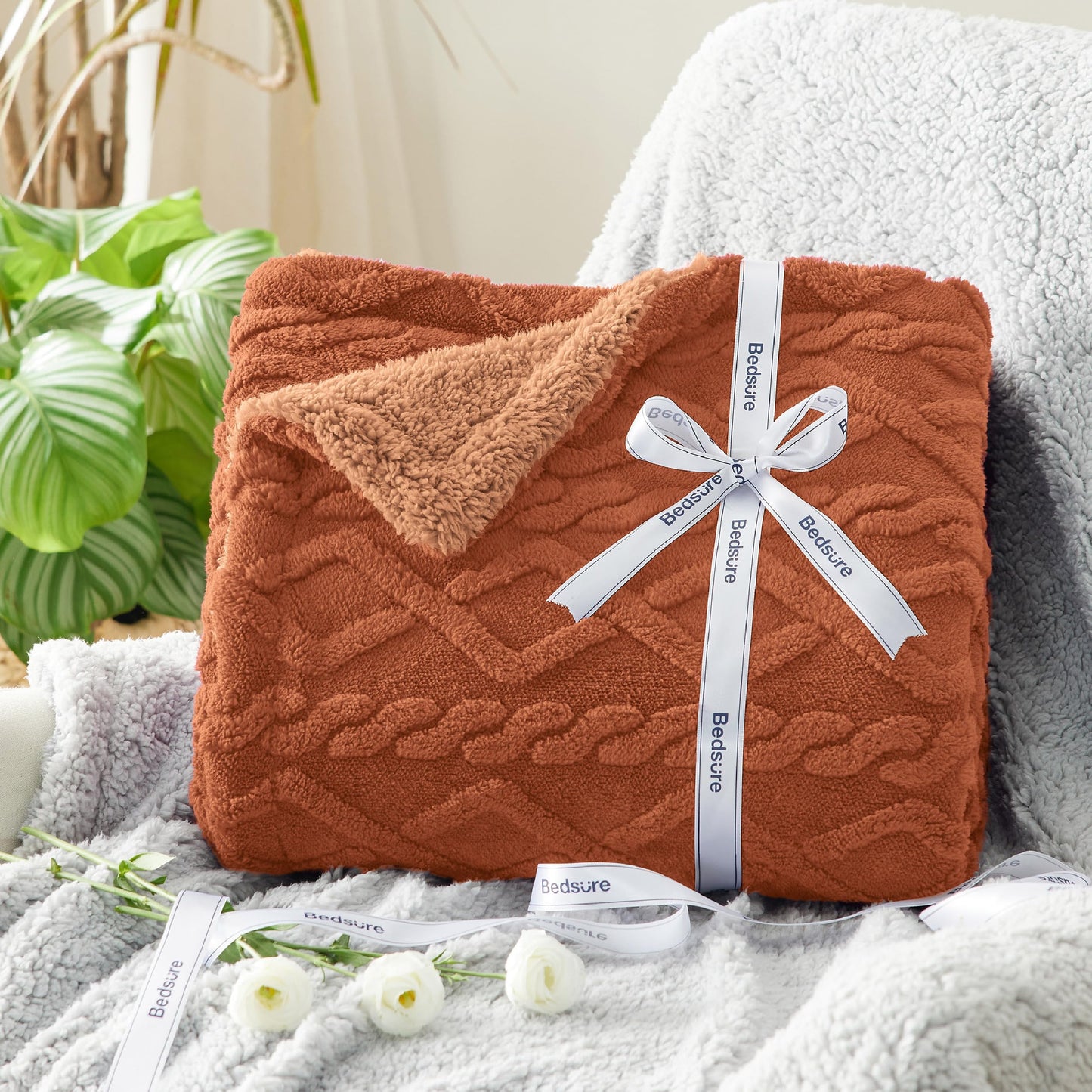 Bedsure Gentlesoft Sherpa Fleece Blanket Twin Size for Bed - Fluffy & Cozy Cable Jacquard Tufted for Women Gift, Thick and Warm Christmas Blanket for Winter, Orange, 60x80 Inches