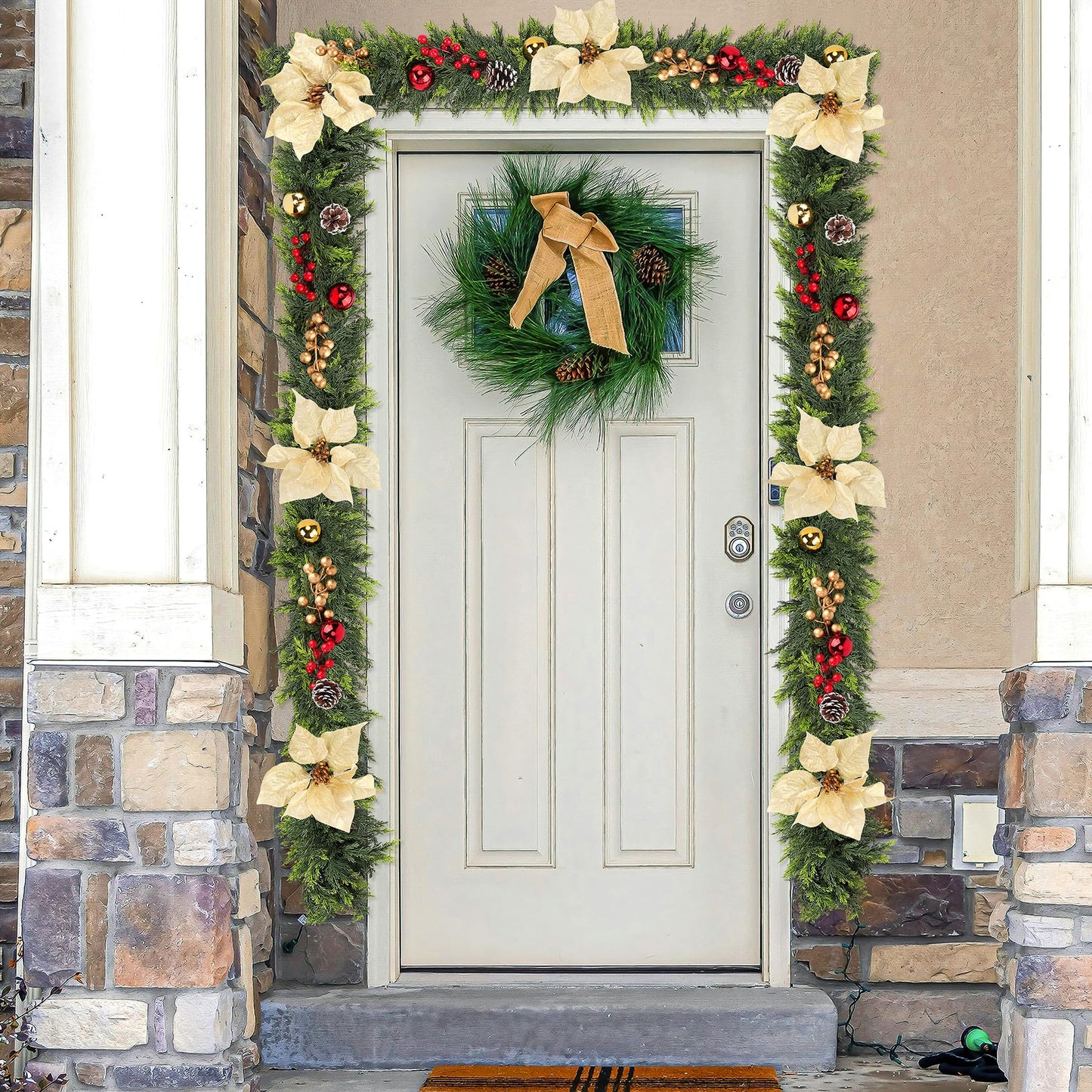 Real Touch Cedar Garland for Home, Thicken Cypress Green Artificial Greenery Garlands, 6FT Realistic Pine Garland with Flowers Berries Pinecones Balls, Cedar Garlands for Christmas in July Decorations