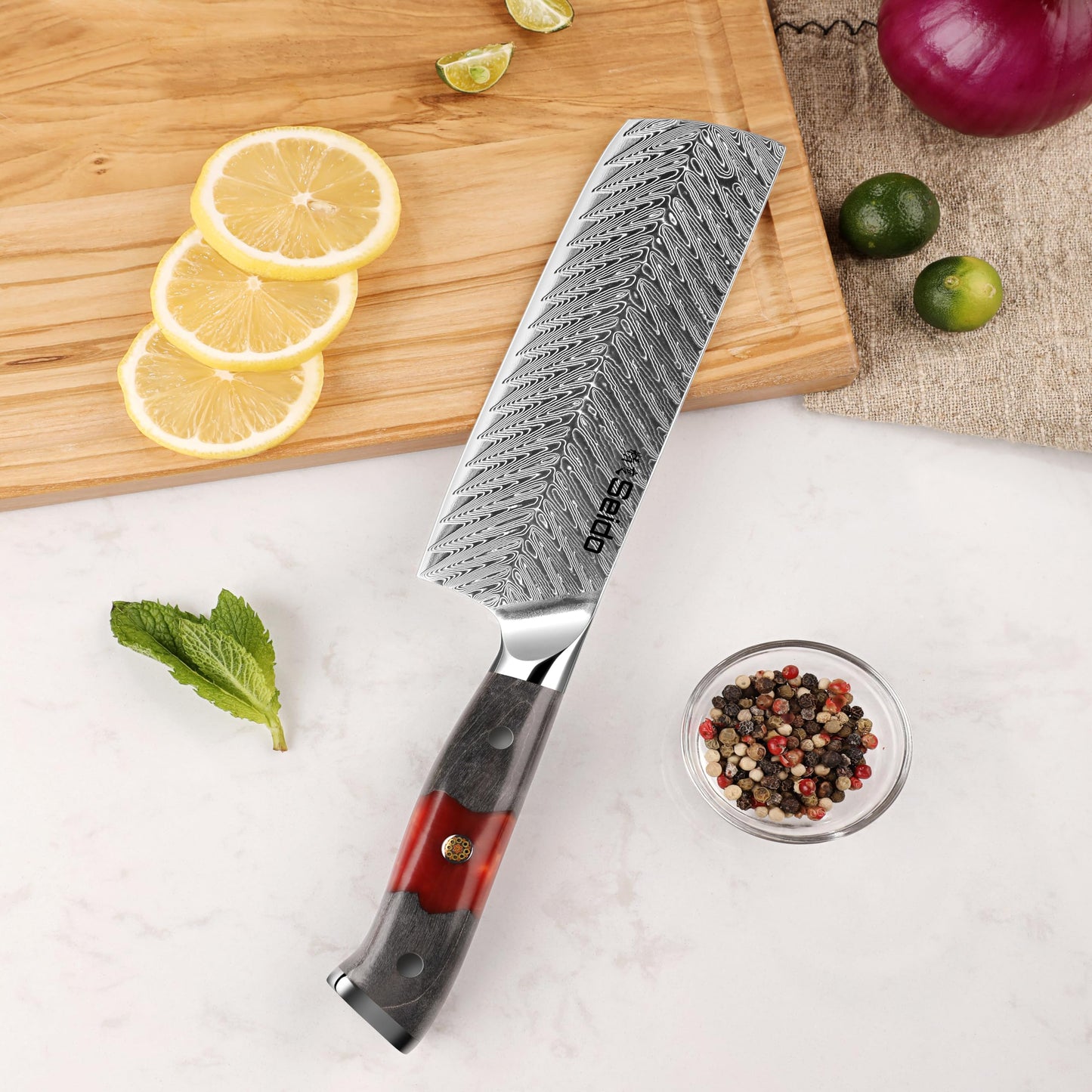 Seido Knives Inferuno 7 Inch Nakiri Knife – AUS-10 Core with 73-Layer Damascus Steel and Ergonomic Resin Maple Handle