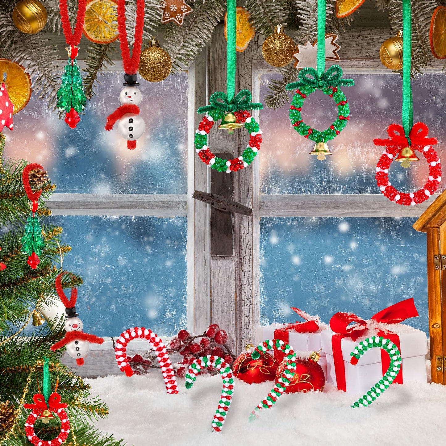 Yuxung 120 Sets Christmas Crafts for Adults Beaded Ornament Kit Including 30 Snowmen 30 Christmas Trees 30 Wreaths 30 Candy Canes for Xmas Tree Christmas Party DIY Decorations (Assembly Needed)