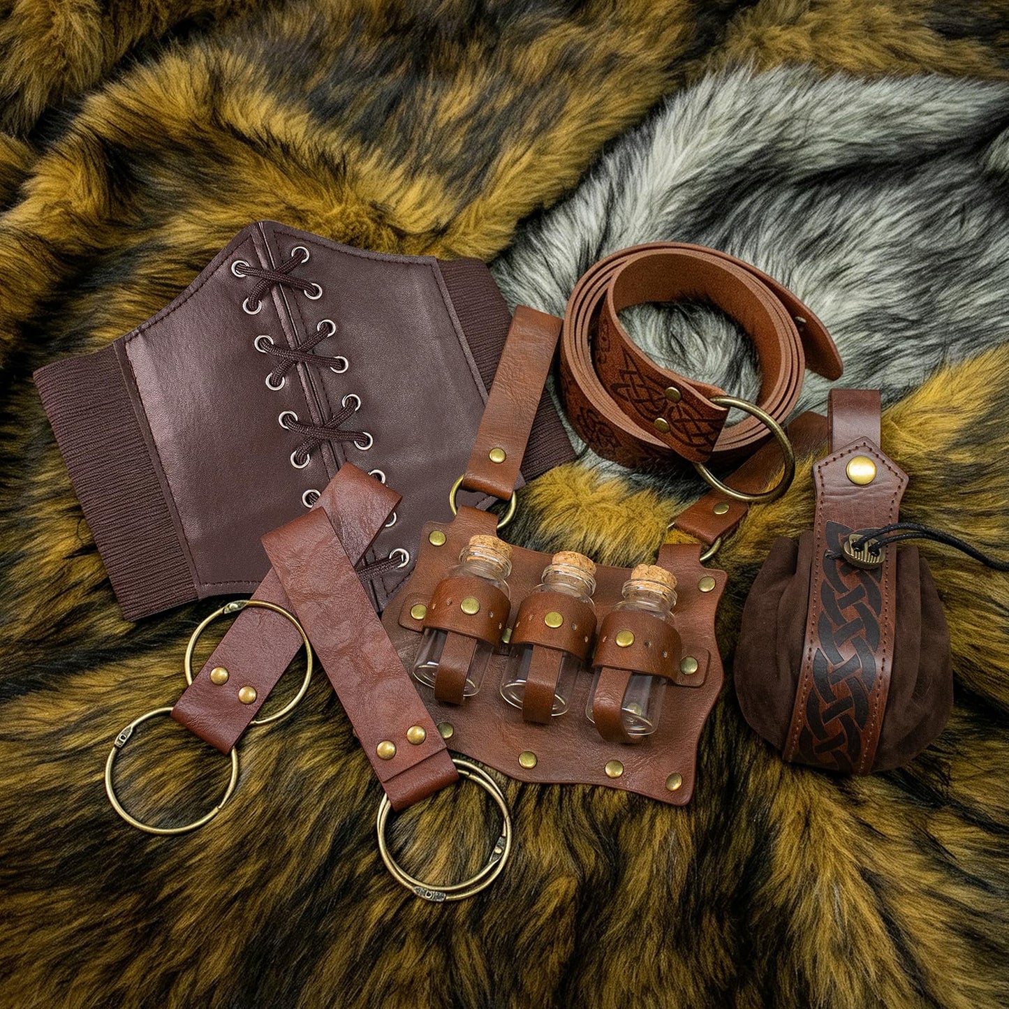 Renaissance Belt Pouch Corset Waistband Magic Potion Bottle Skirt Hike Steampunk Costume Accessory(Brown-B, X-Large)