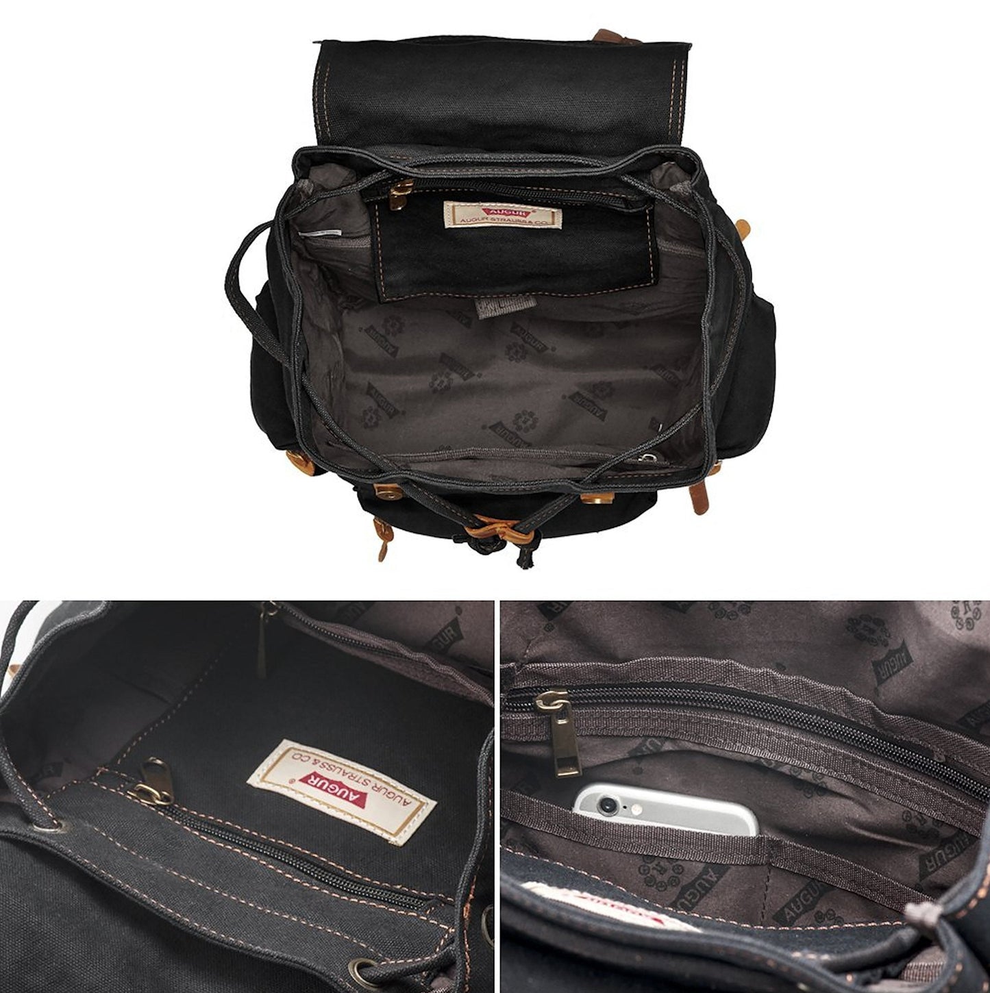 HuaChen Vintage Canvas Travel Backpack with Leather Trim, Laptop Padded Sleeve, Hidden Back Security Pocket, Fits 14-Inch, M32 Black