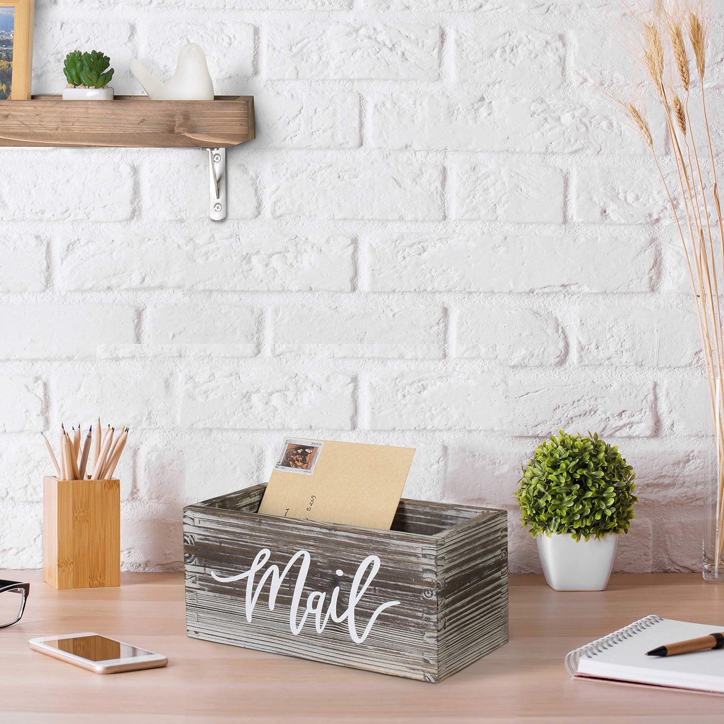 MyGift Mail Holder Storage Organizer Box Torched Wood with MAIL Script Design, Desktop Letters, Bills, Notes and Postcard Bin for Home Office Dorm Room