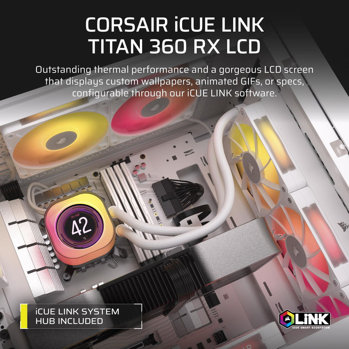 CORSAIR iCUE Link Titan 360 RX LCD Liquid CPU Cooler – 360mm AIO – Low-Noise – FlowDrive Cooling Engine – Intel LGA 1851/1700, AMD AM5/AM4 – 3X RX120 RGB Fans – iCUE Link System Hub Included – White