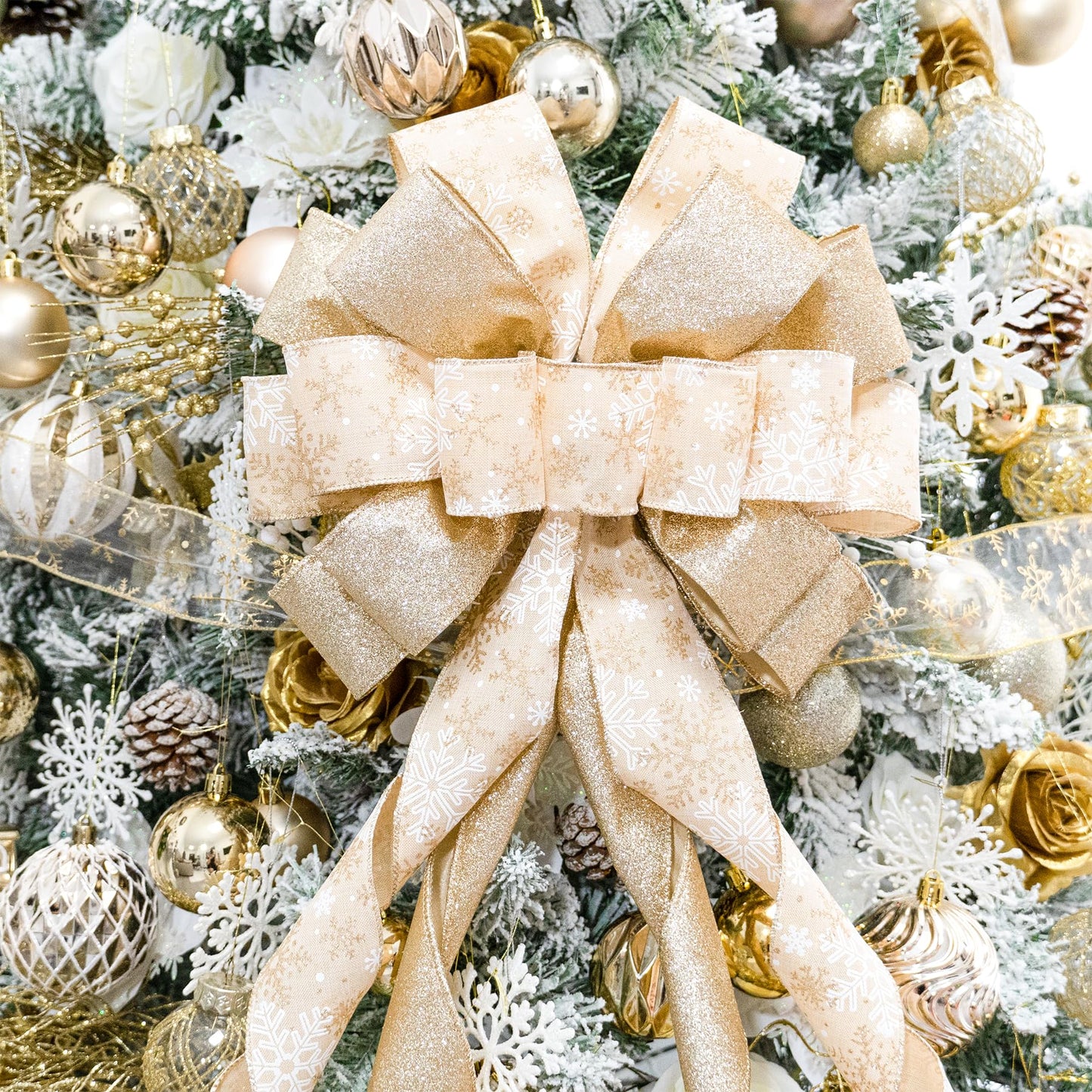 Hismir Christmas Tree Topper Bow,53x14 Inches Large Christmas Bow with Glitter Streamer and Patterned Ribbon,Decorative Bows for Xmas Tree Wreath Door Festival Home Decor(Champagne Gold Snowflake)