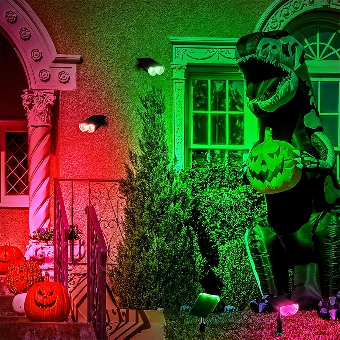 Consciot Solar Spot Lights Outdoor, Halloween Decorations 22 LEDs IP67 Waterproof Color Changing Solar Outdoor Lights, 8 Colors, 2-in-1 Adjustable Wall Lights for Garden Yard Pathway, 4 Pack (RGB)