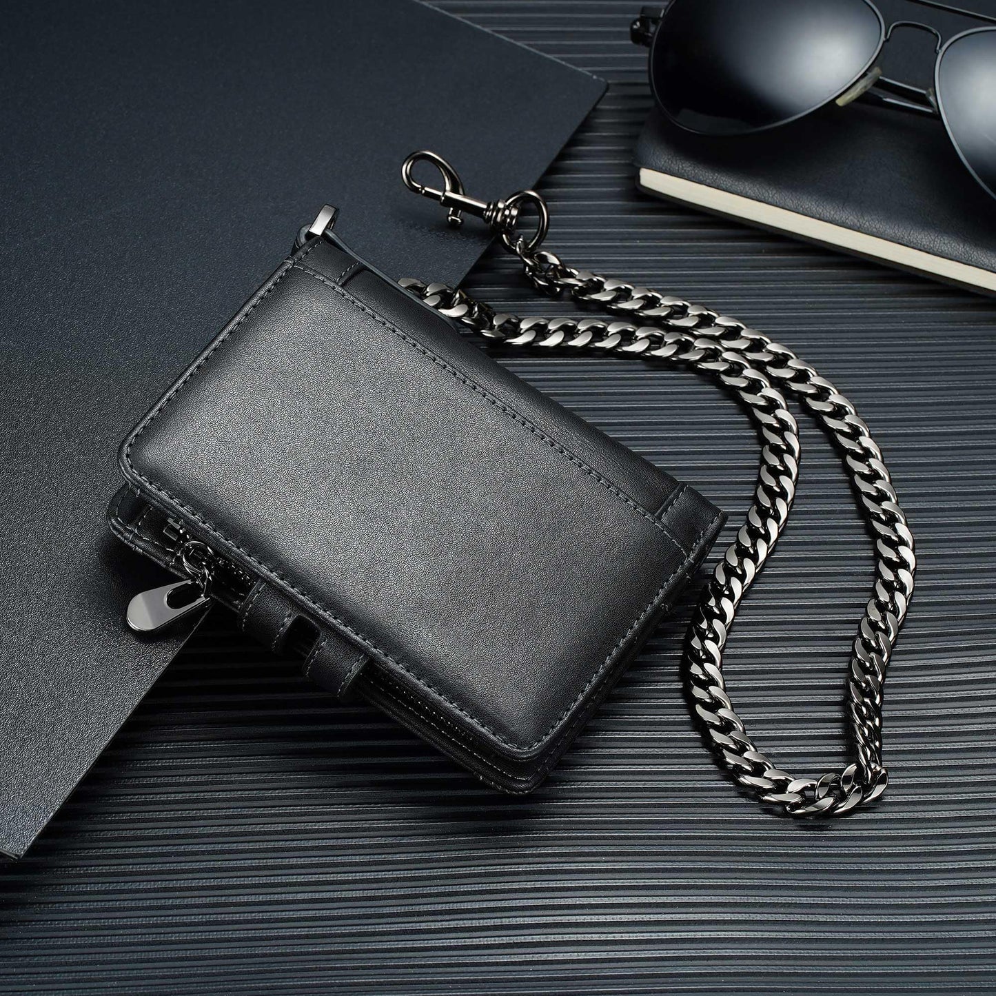 furid Genuine Leather Chain Wallet: Bifold Zipper Coin Pocket with Anti-Theft Chain - RFID Blocking Biker Wallet for Men - Gift for Father Husband Motorcycle Outdoor Use