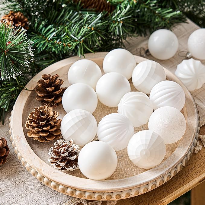 JOIEDOMI 24 Pcs White Christmas Balls Ornaments Set, 2.36" Christmas Tree Ornaments Shatterproof, Xmas Balls Hanging Decorations for Tree Wreath Garland Holiday Wedding Indoor Party Decor