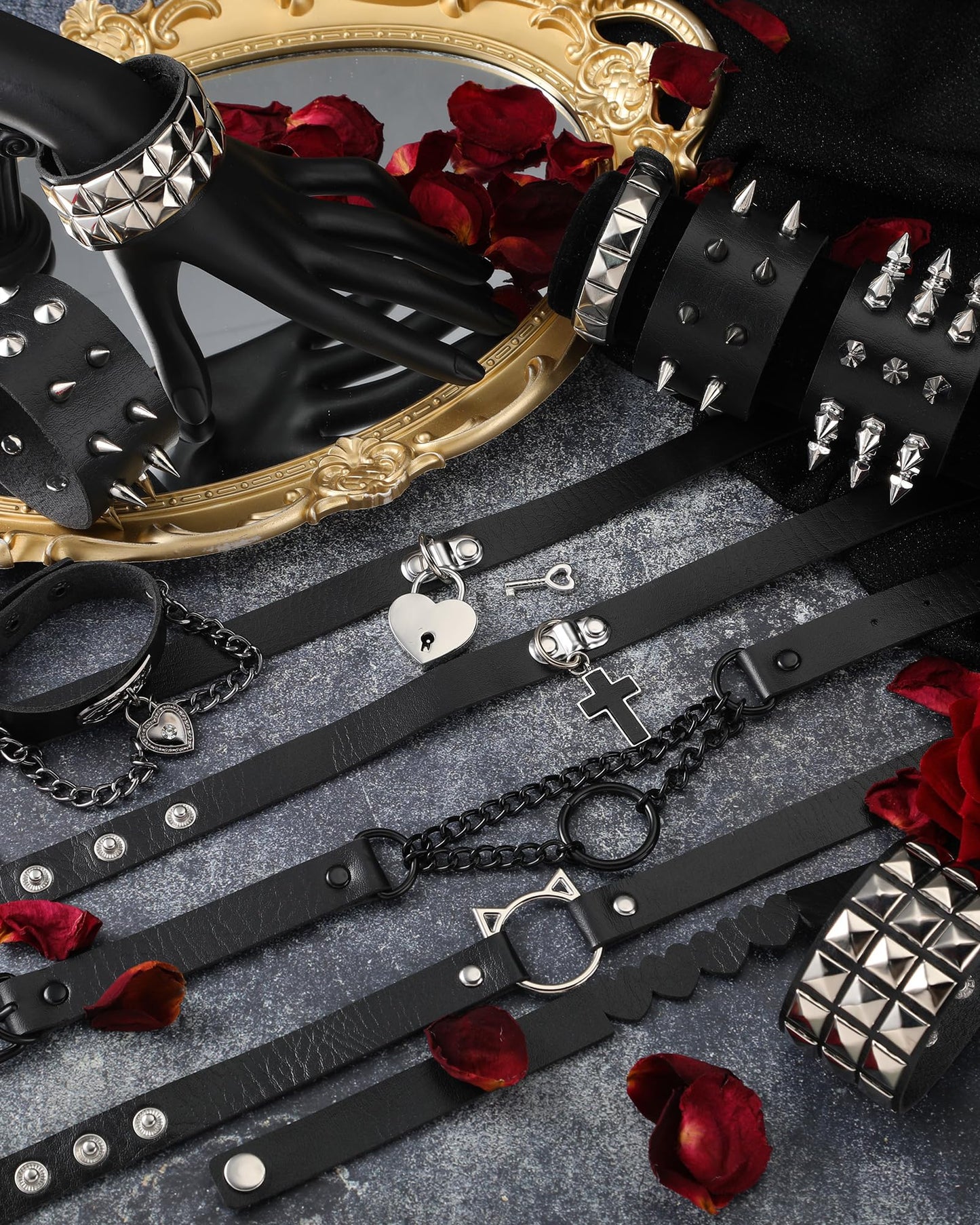 Sasylvia 20 Pcs Punk Leather Choker Necklaces Bulk Gothic Spiked Choker Set for Women Adjustable Black PU Leather Goth Studded Rock Necklaces Rivet Spike Halloween Costume Cosplay Accessories