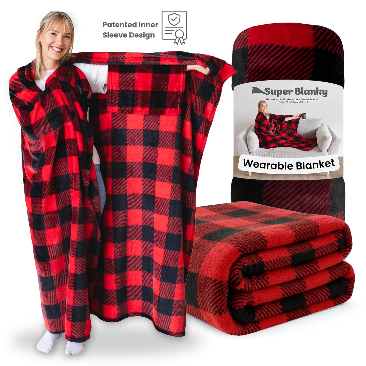 Super Blanky Wearable Blankets for Women, Comfy Wearable Blanket Men, Cozy Gifts for Women, Dorm Room Essentials, Graduation Gift for Her Girlfriend, Gifts for Wife Birthday Gift Ideas, Red Checkered