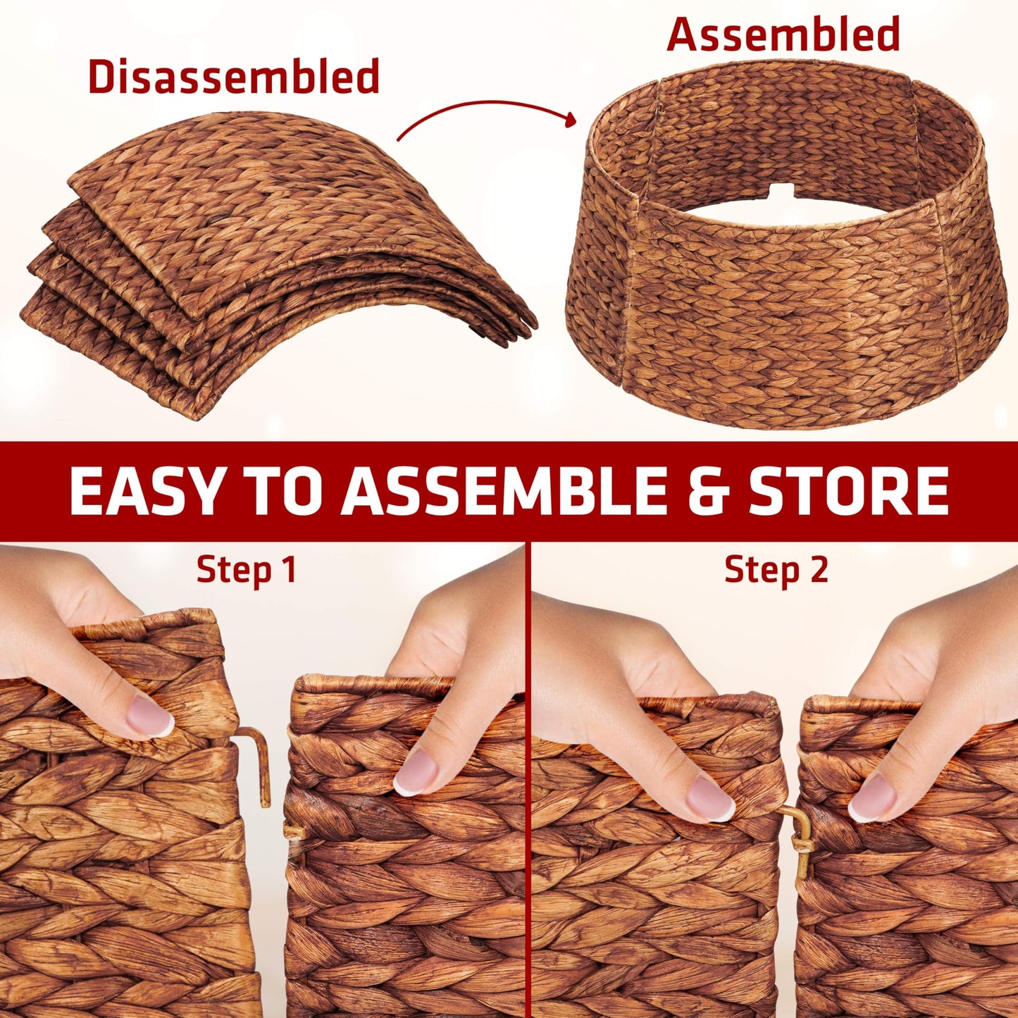 MIXUMON Handmade Water Hyacinth Christmas Tree Collar 24" β Rustic Basketweave Tree Base Cover, Eco-Friendly Skirt Alternative with Cord Cut-Out (Brown, 24 in)