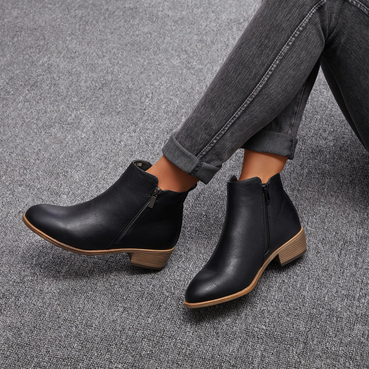 Jeossy Women's Black Ankle Boots, Classic Low Heeled Short Booties, 905 - Black Pu, Size 11 US - Casual Comfortable Boots (DJY905 Black 11)