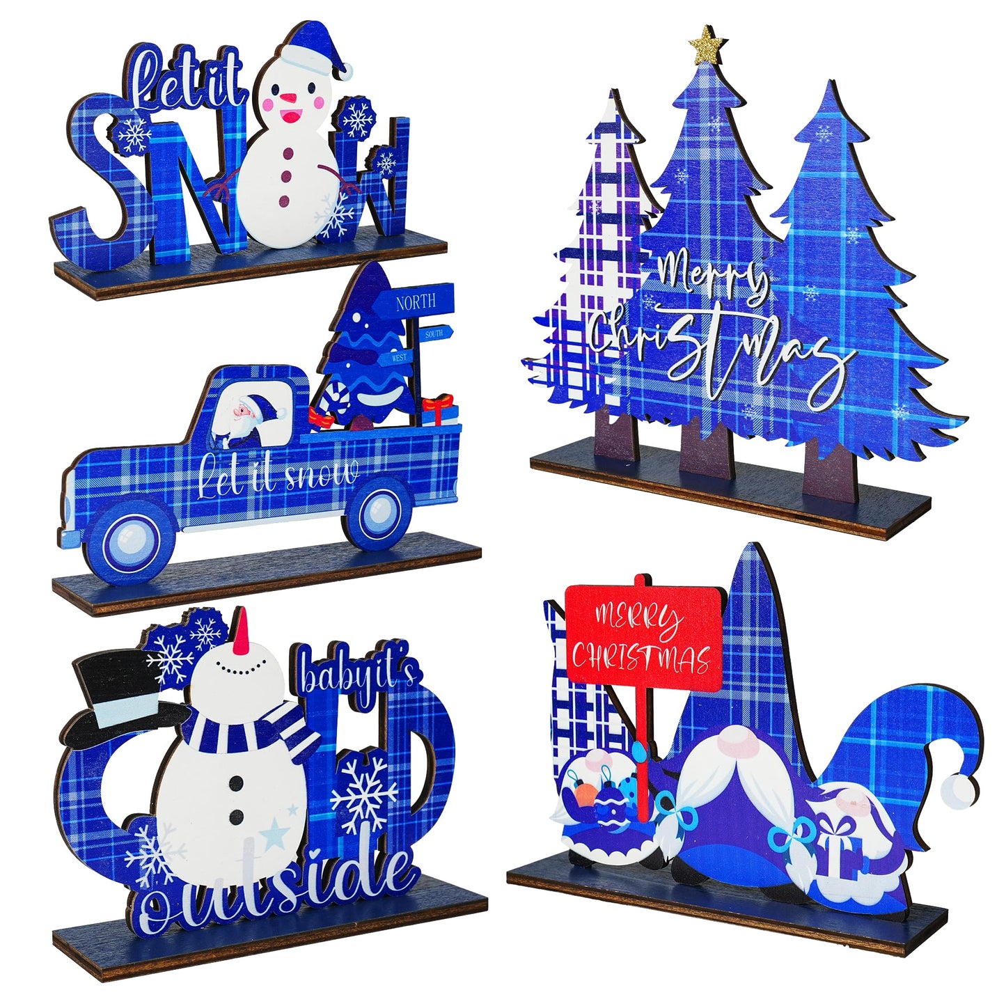 NEROSUN 5 PCS Christmas Table Centerpiece Decorations, Wooden Xmas Snowman Santa Claus Gnome Table Decorations Signs, Merry Christmas Table Toppers for Holiday Home Party Indoor Decor (Blue)