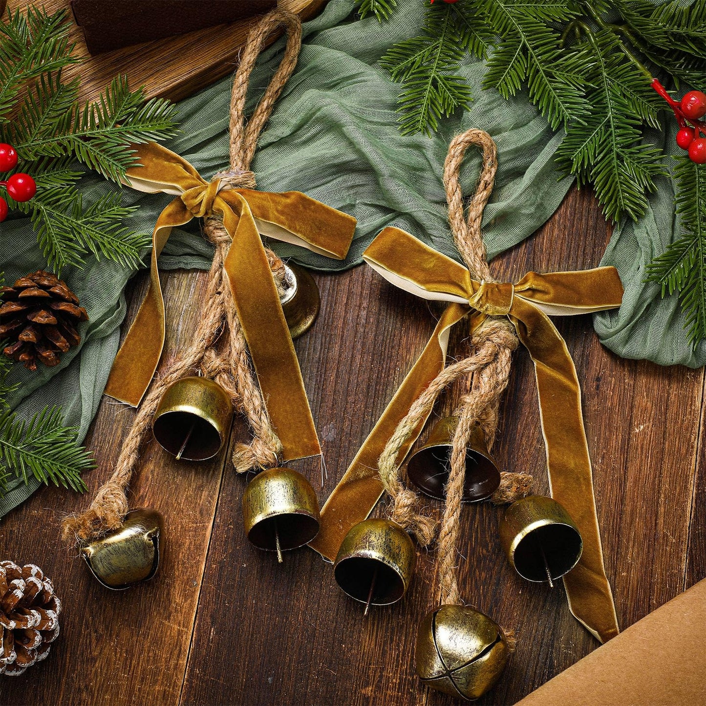 Lukmaa 2 Pcs Rustic Christmas Bells with Neutral Velvet Ribbon Bows Christmas Metal Bells Hanging Ornament Xmas Tree Wall Door Wreath Decoration for Rustic Farmhouse Holiday Decoration