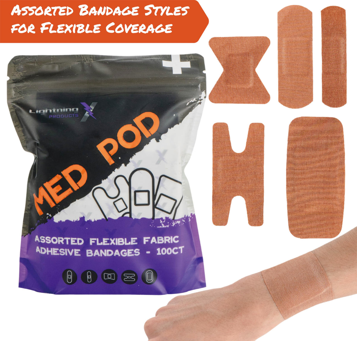 Lightning X Products Heavy Duty Flexible Fabric Assorted Adhesive Bandages for First Aid Kits (Pack of 100), 5 Sizes