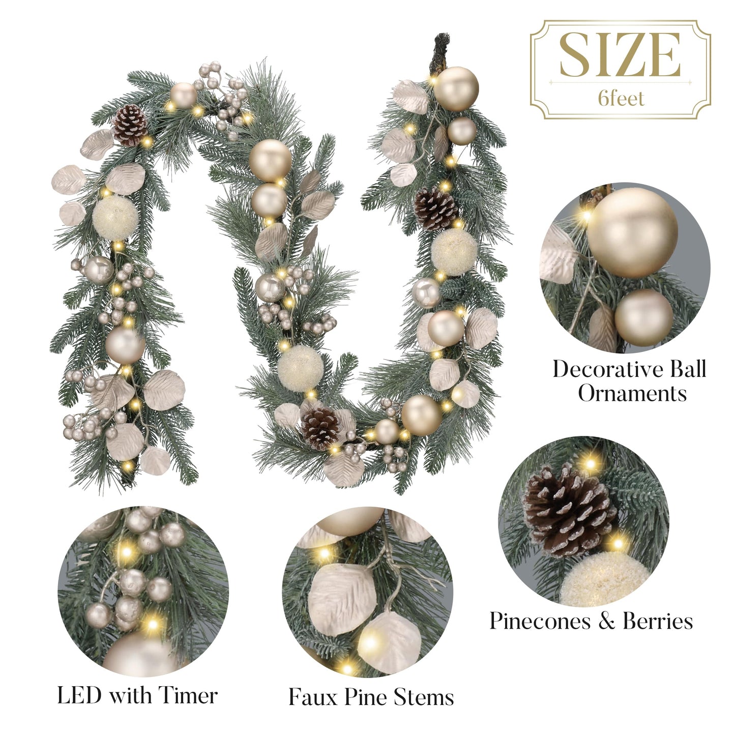 Valery Madelyn 6 Ft Pre-Lit Christmas Garland with Lights for Mantle, Lighted Outdoor Xmas Garland with White Gold Balls Norfolk Pine for Home Stairs Fireplace Table Centerpiece Indoor Holiday Decor