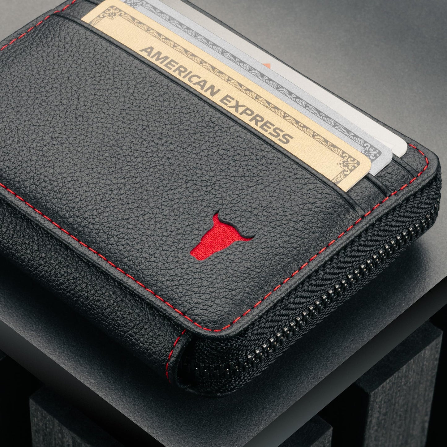 TORRO Leather Card Holder with Coin Case – RFID Blocking Premium Leather Credit Cardholder with Zipped Coin Pouch (Black with Red Detail)