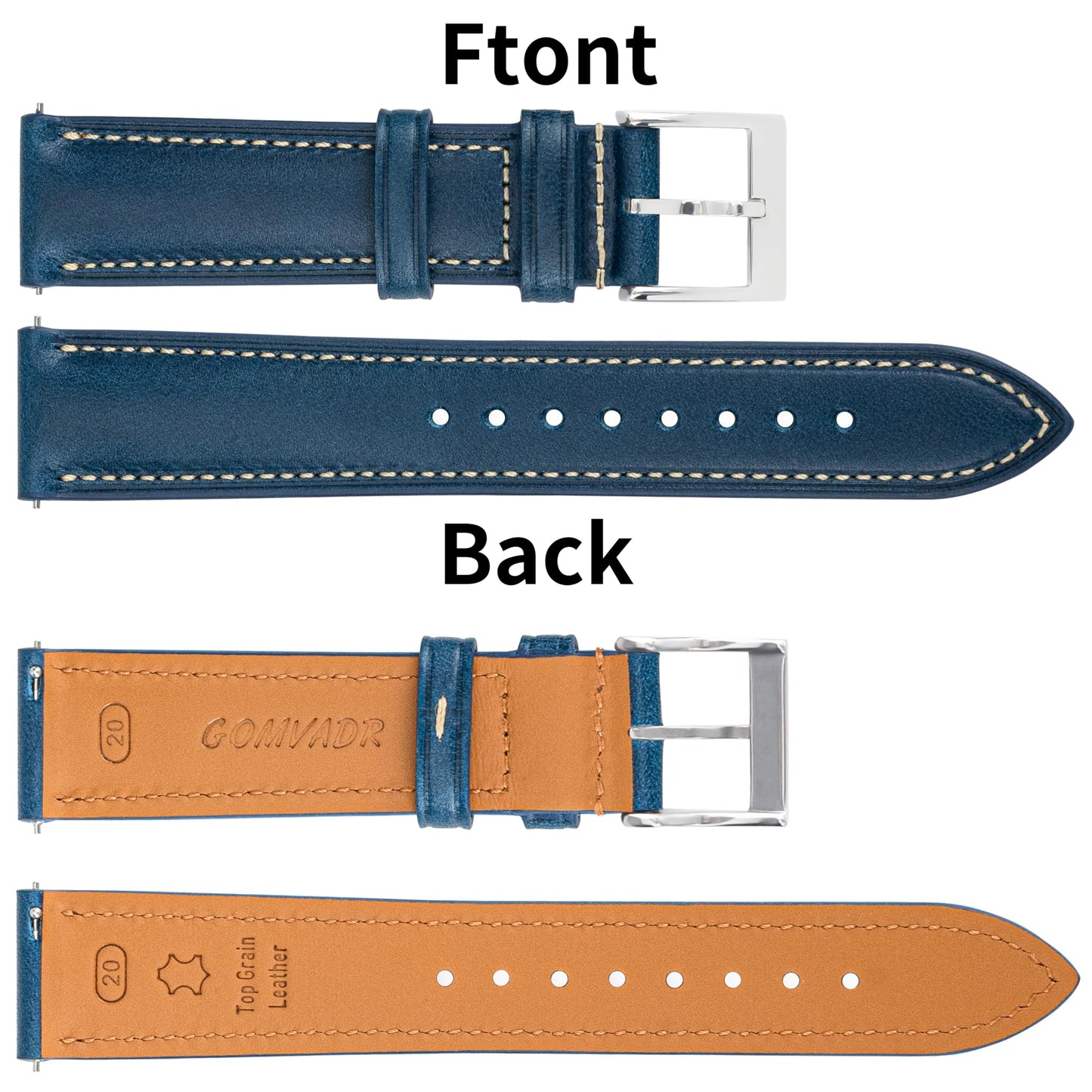 Gomvadr Vintage Genuine Top Grain Leather Watch Strap Quick Release, 18/19/20/21/22/24mm, Silver/Black Buckle, Universal Fit Unisex for Daily Wear (Blue with Silver Buckle, 18mm)