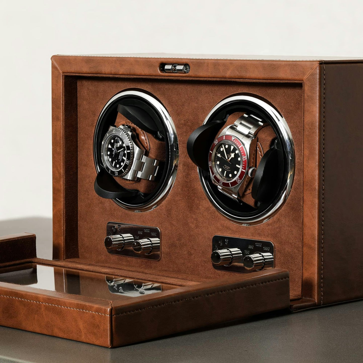 ROTHWELL Double Watch Winder for Automatic Watches with Quiet Motor with Multiple Speeds and Rotation Settings (Tan / Brown)
