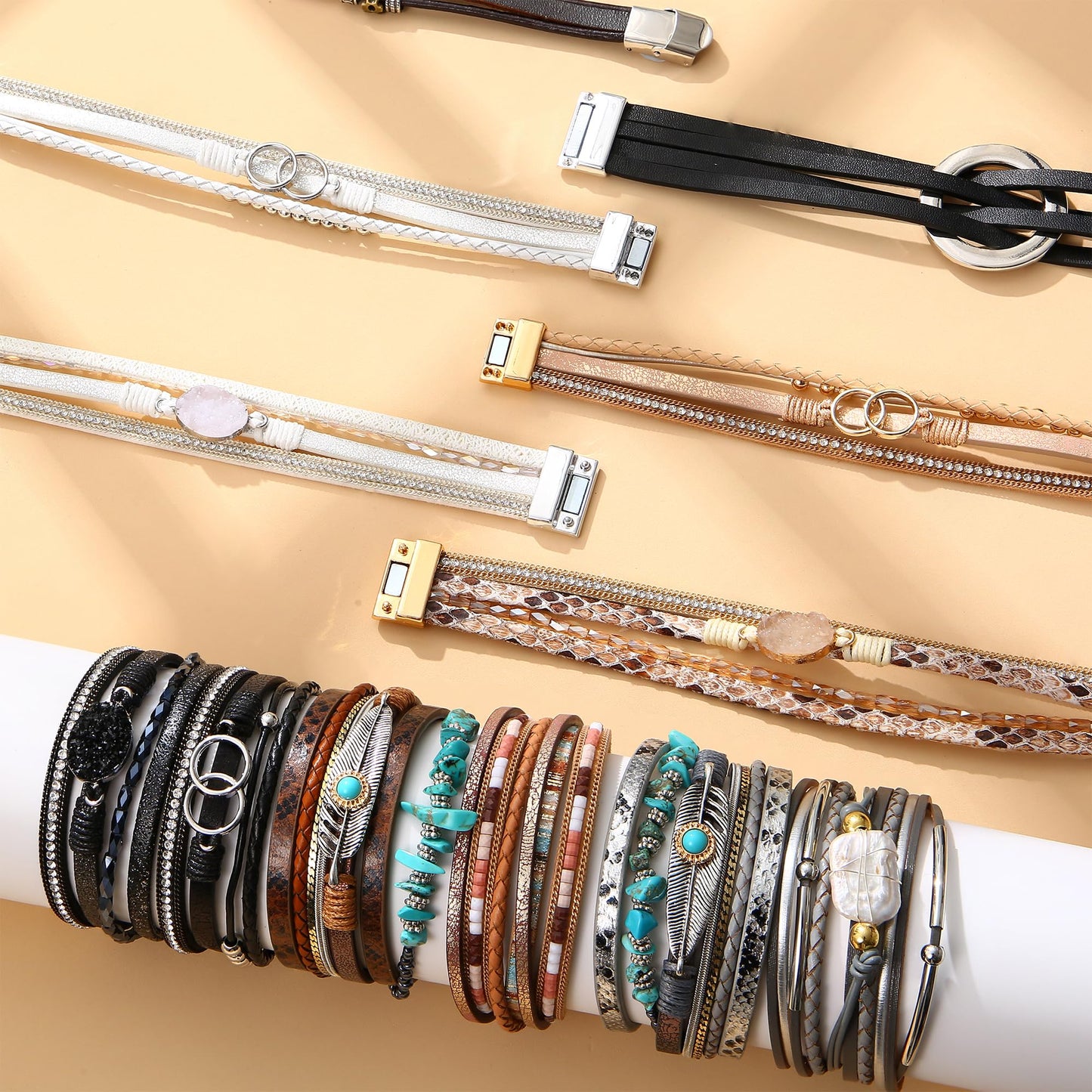 Sanfenly Leather Wrap Bracelets for Women,Boho Wrap Bracelets Leather Cuff Bangle Beads Bracelets Stackable Western Bracelets Jewelry for Women (Gold/Black/Gray/Turquoise)