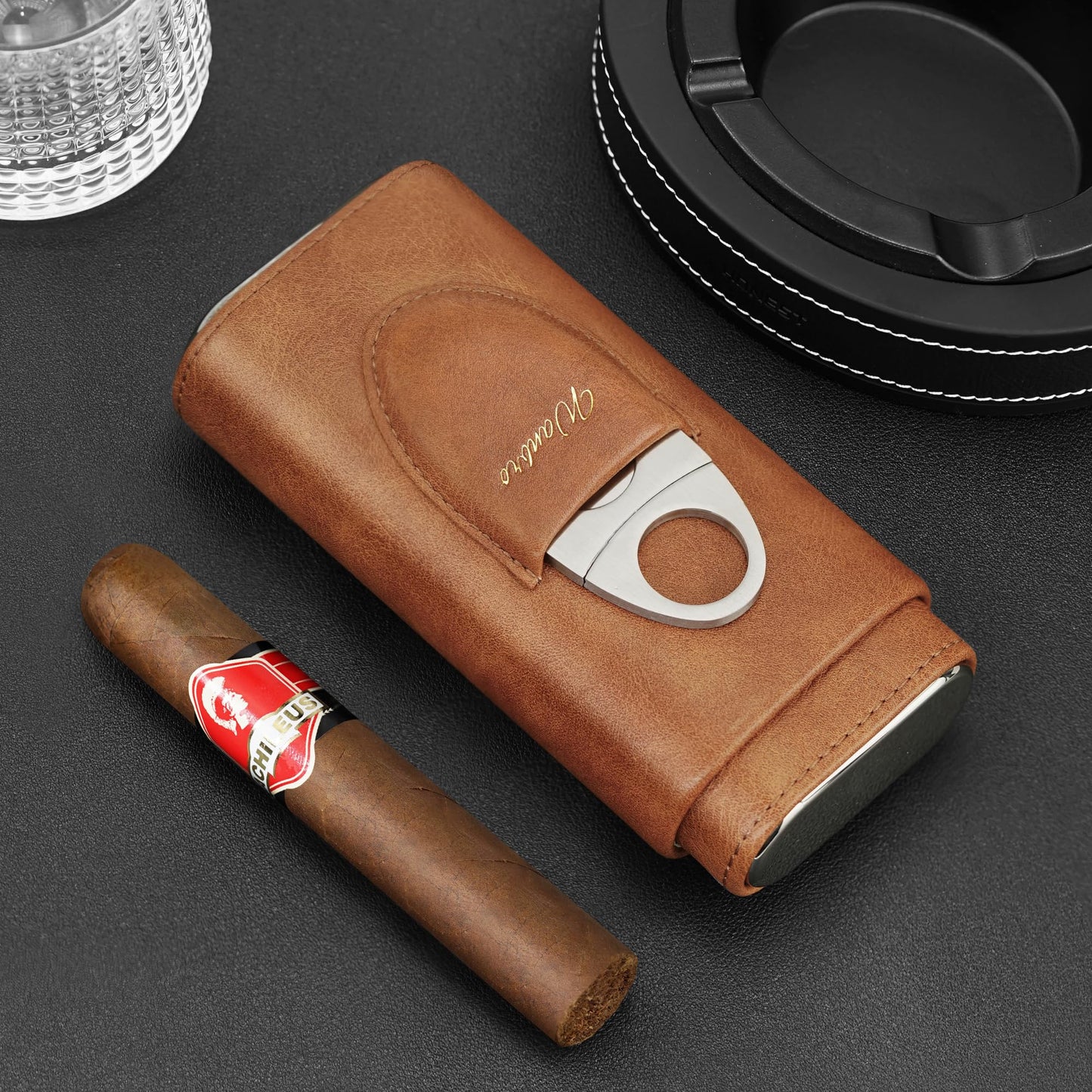wanbro Cigar Case, 3pcs Holder, Cigars Travel Case, Cedar Lined, Leather Made Cigar Humidor with Stainless Cutter, Christmas gift for men dad