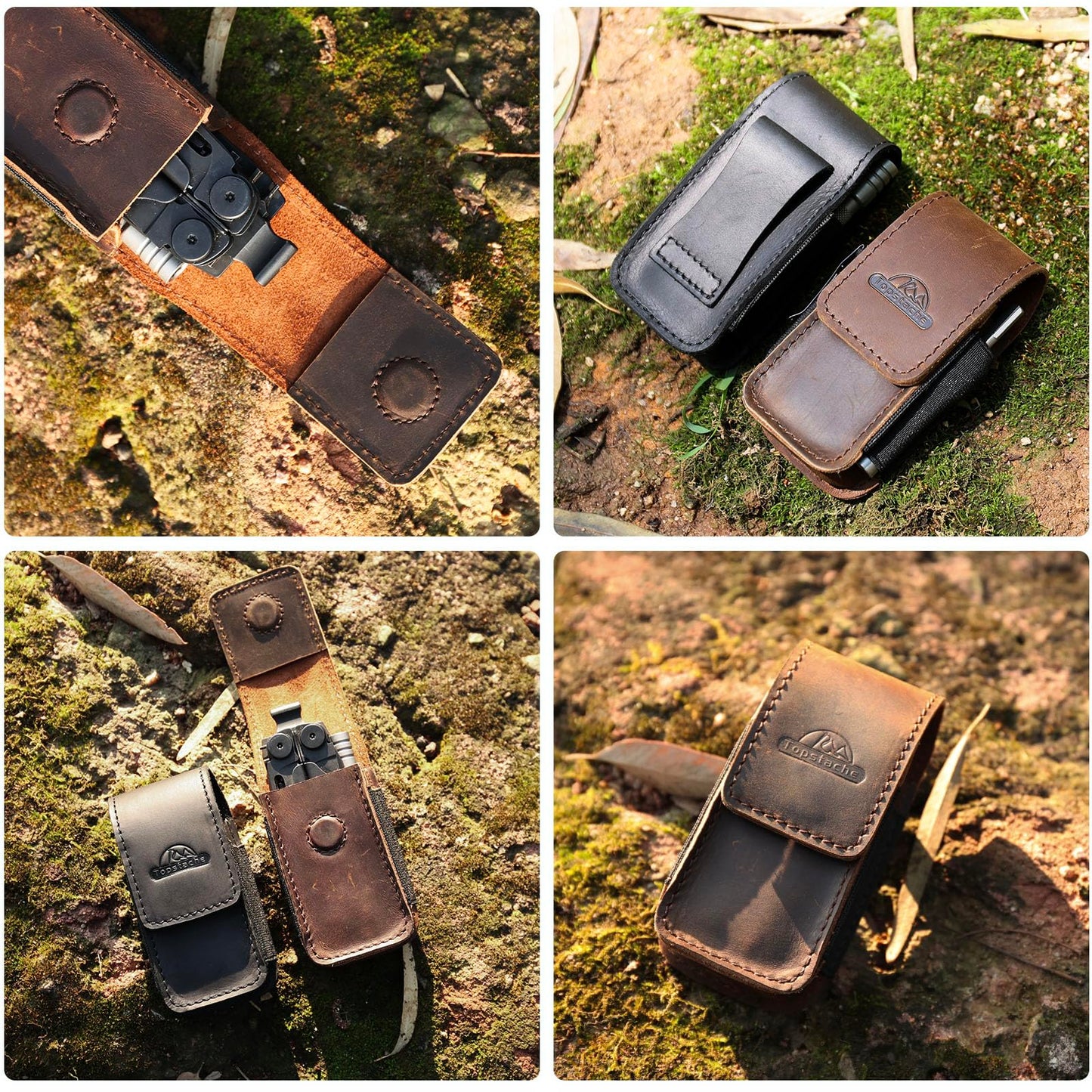 Topstache Leather Multitool Sheath - Multitool Holster for Belt - Pocket Organizer for Work - Multi Tool Holder for Leatherman, Gerber, SOG - Magnetic Closure EDC Belt Pouch, M, Black