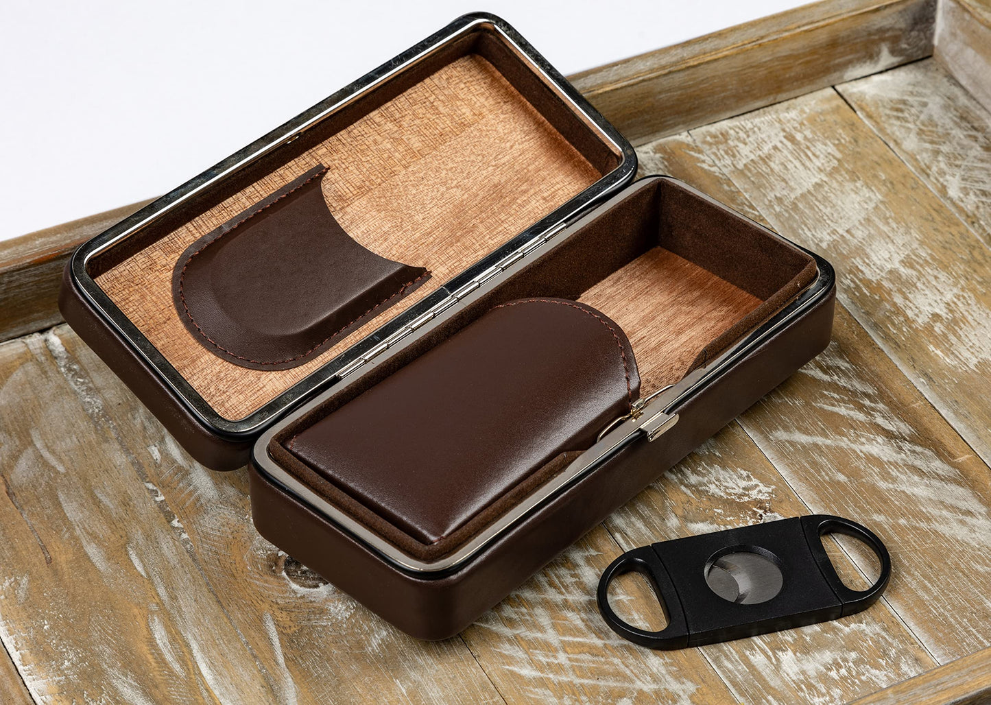 Prestige Import Group - 3 Cigar Folding with Snap Lock Cigar Travel Case - Color: Brown