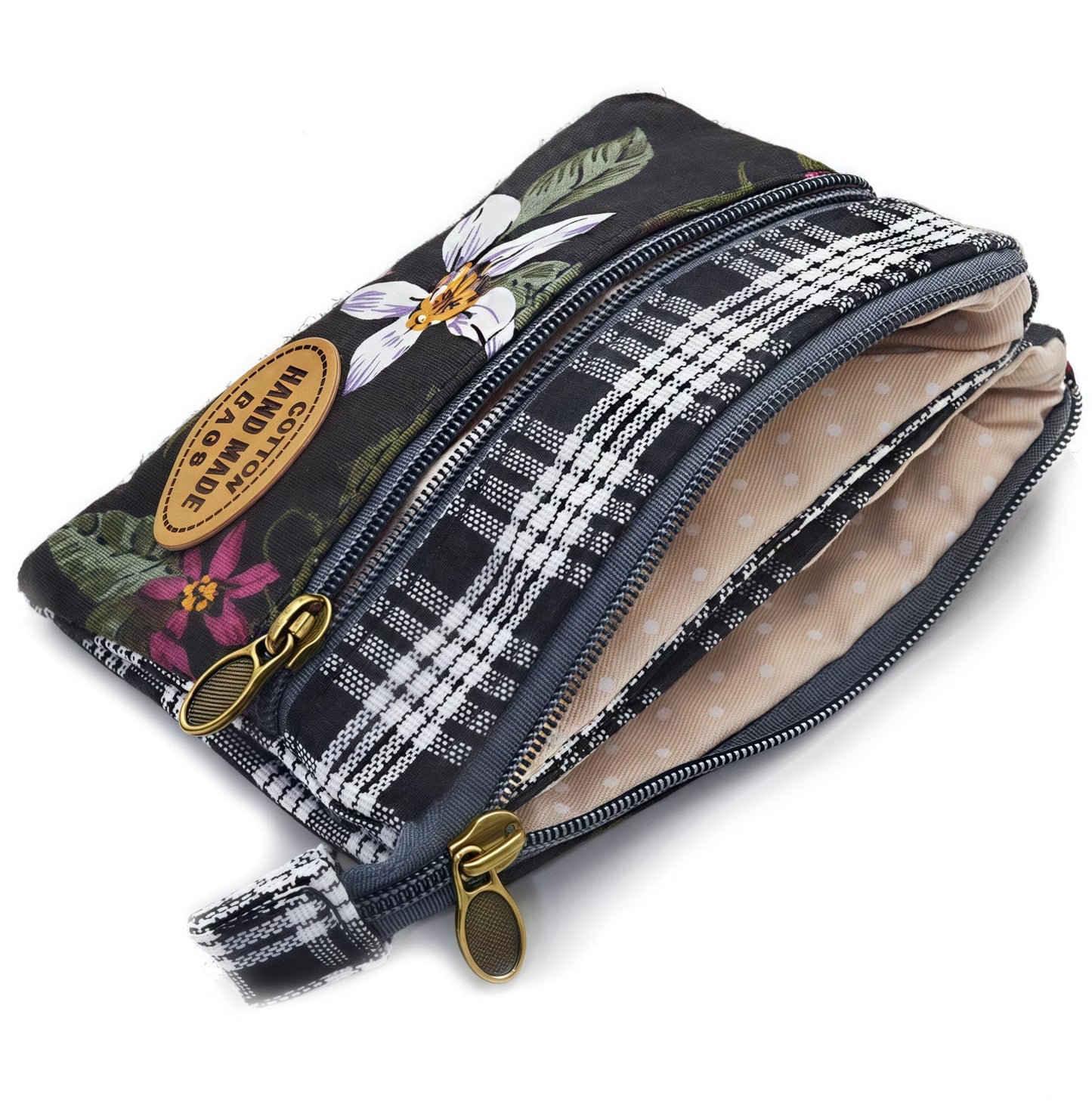 GUXL Women Small Zipper Coin Purse, Handmade Fabric Flower Embroidered Change Pouch, Cotton Double Zipper Wallet