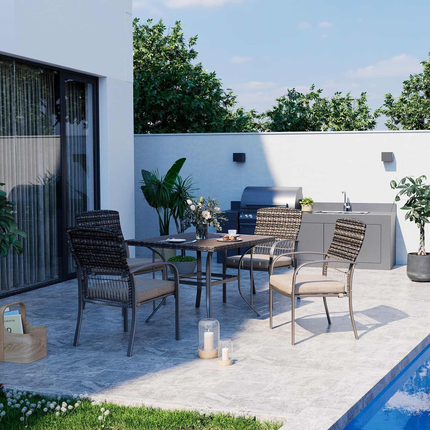 Pamapic Outdoor 5-Piece Patio Dining Set, Weather Resistant PE Rattan Table and Chairs, Comfortable Cushions, Easy Maintenance, 5 PCS, Beige