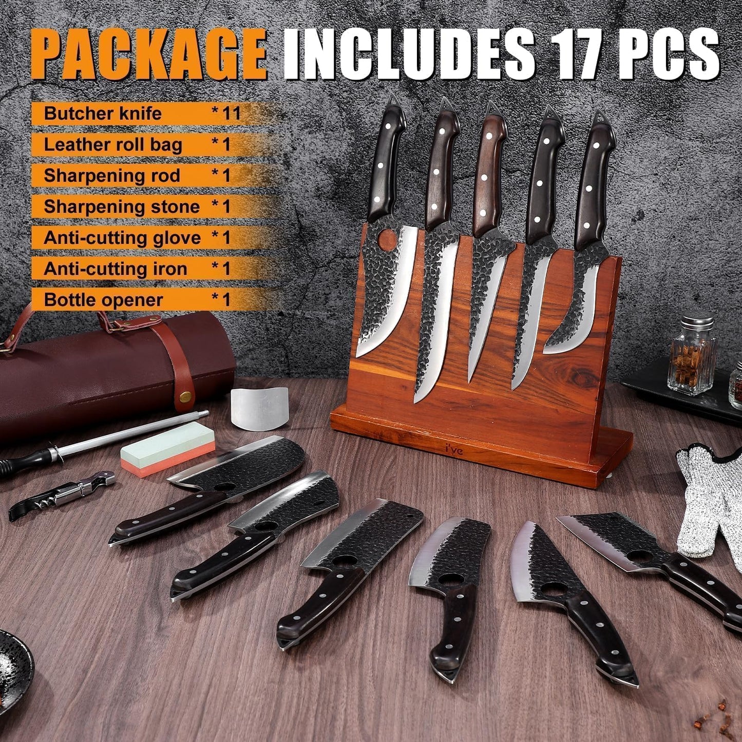 TAN REN 17PCS Butcher Knife Set with Bag, High Carbon Steel BBQ Knife Set for Meat Cutting, Hand Forged Serbian Chef Knives for Men Home & Outdoor Cooking