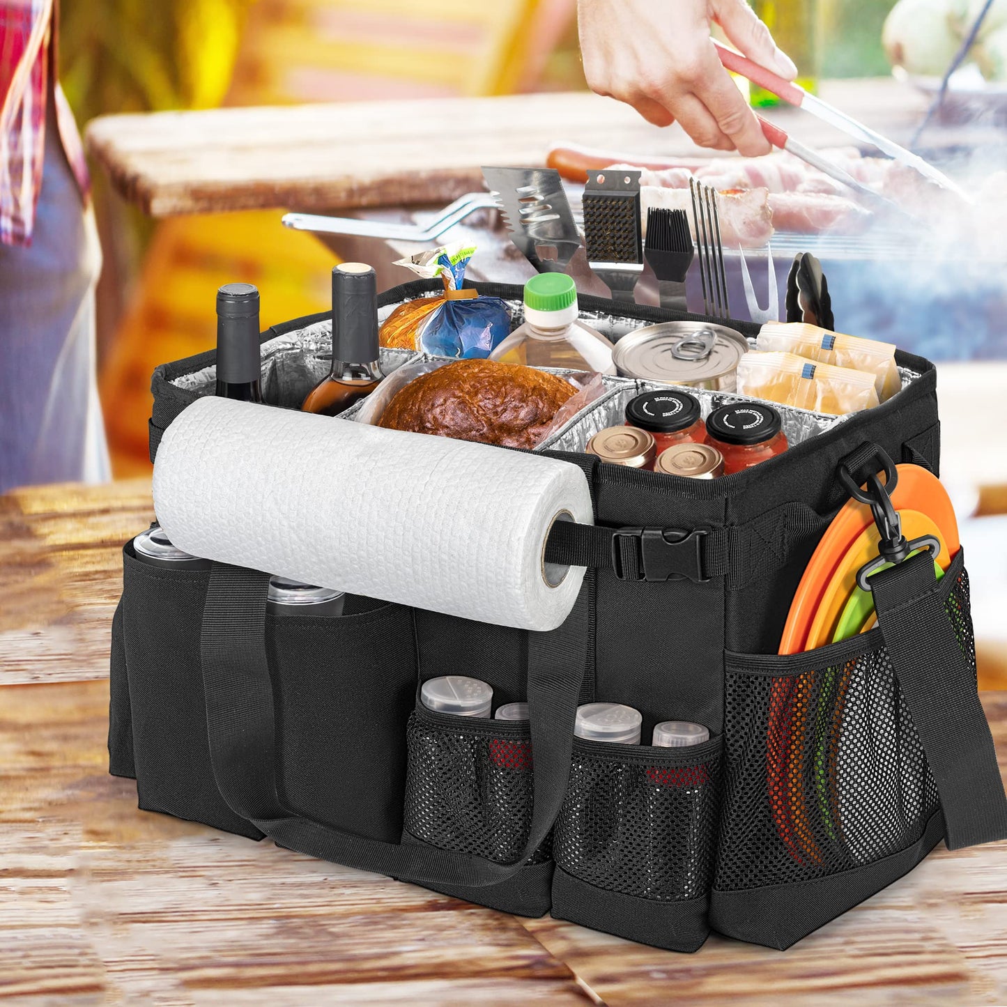 HODRANT Large Grill Utensil Caddy with Paper Towel Holder, Outdoor Picnic Bag Organizer for BBQ Supplies Tool, Tailgating Accessory Basket Camping Gear Must Haves for Cook Essentials, Black, Bag Only