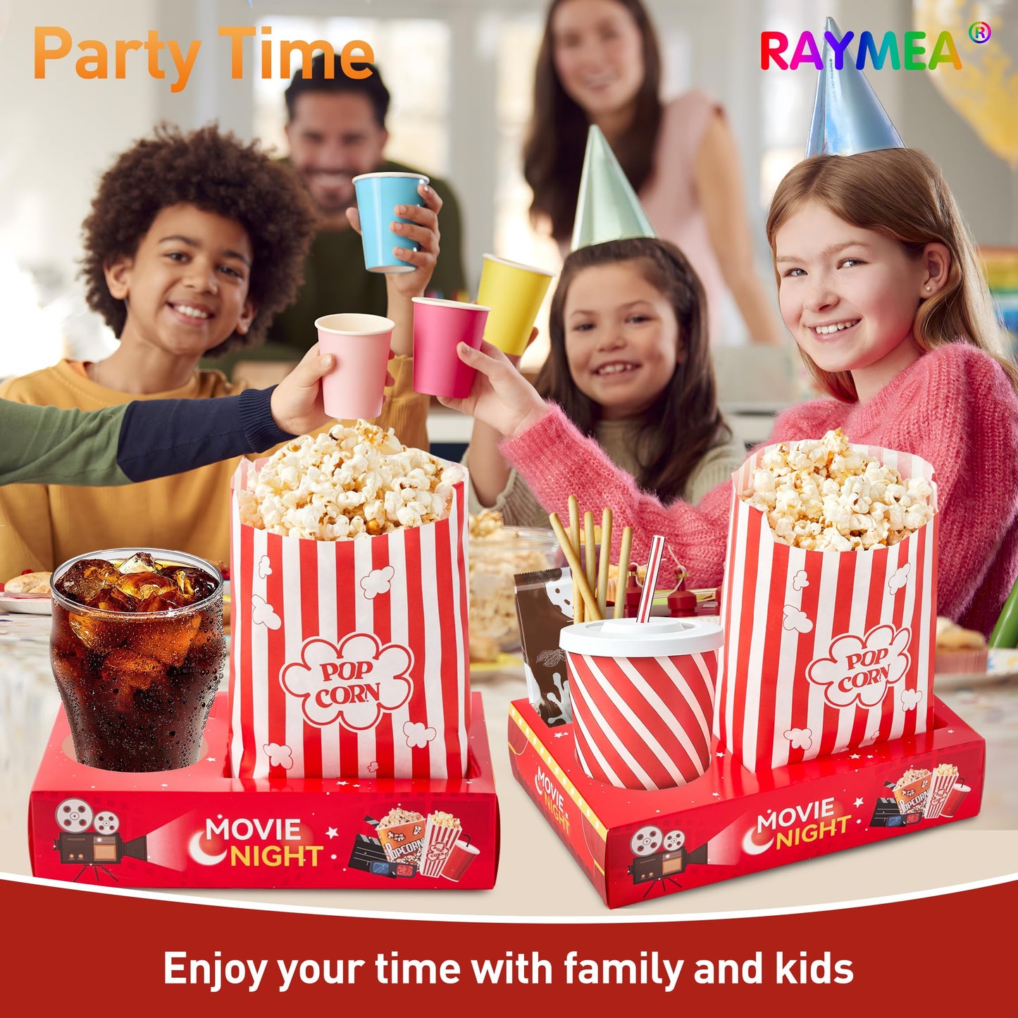 RAYMEA 24Pcs Movie Night Supplies Disposable Paper Movie Snack Trays (12ct) and Retro Style Large Capacity Popcorn Bags(12ct), Drink & Candy Snack Boxes for Cinema Family Birthday Parties