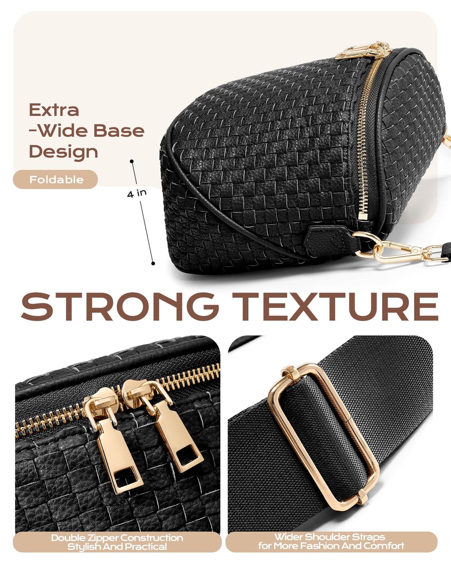 Trendy Woven Checkered Crossbody Bum Bag for Women,PU Leather Checkered Purse Fanny Packs Belt Bag (Woven Bum Bag - Pure Black)