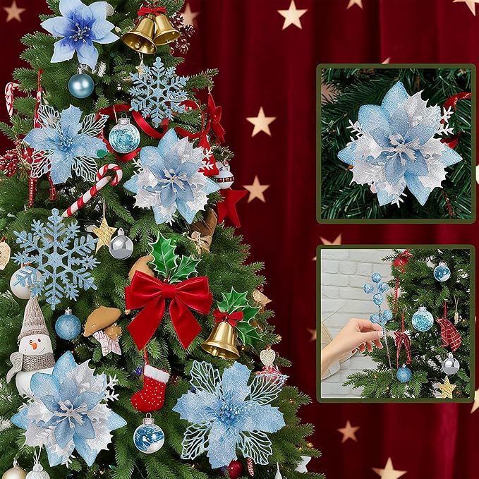 76Pcs Christmas Tree Decorations Set, Blue Assorted Ornaments with Large Shatterproof Plastic Balls, Star Tree Topper, Glitter Berries Stems, Ribbon for Indoor Garland Home Holiday Wedding Decor