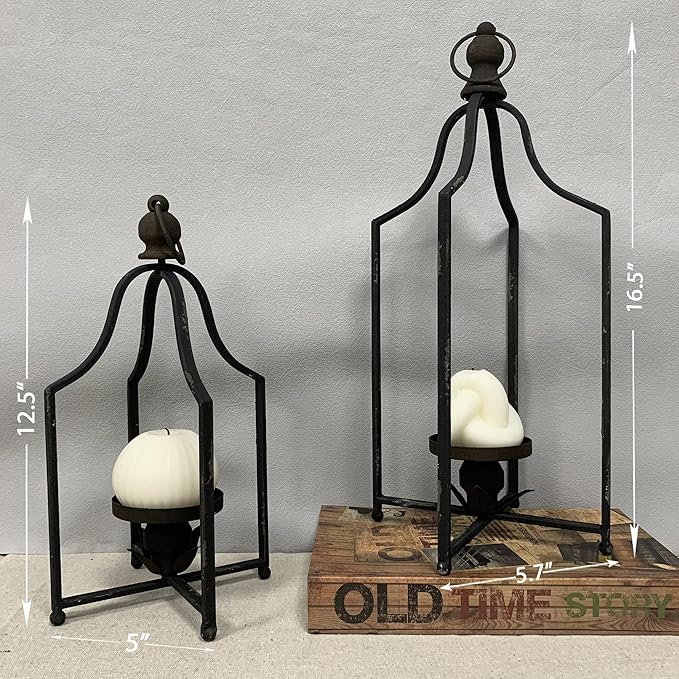 12.5" & 16.5" Timeless Cozy Decorative Lanterns Set of 2, Handcrafted Metal Iron Candle Holders, Farmhouse Elegance Fireplace Mantel Table Festive Gatherings Decor