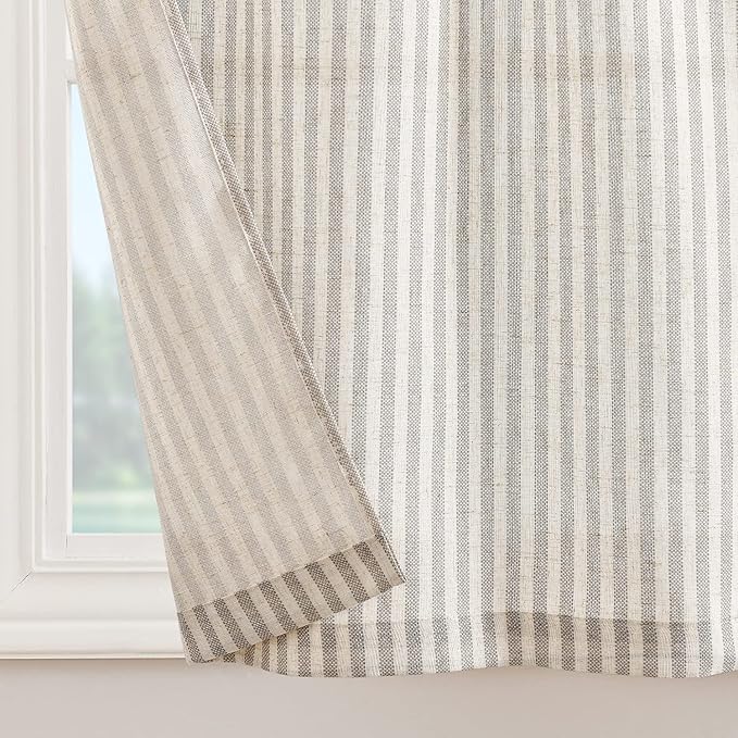 jinchan Tie Top Kitchen Curtains 36 Inch Length Striped Tier Curtains Ticking Stripe Small Drapes for Living Room Bathroom Cafe Small Window Farmhouse Rustic Rod Pocket 2 Panels Taupe Grey