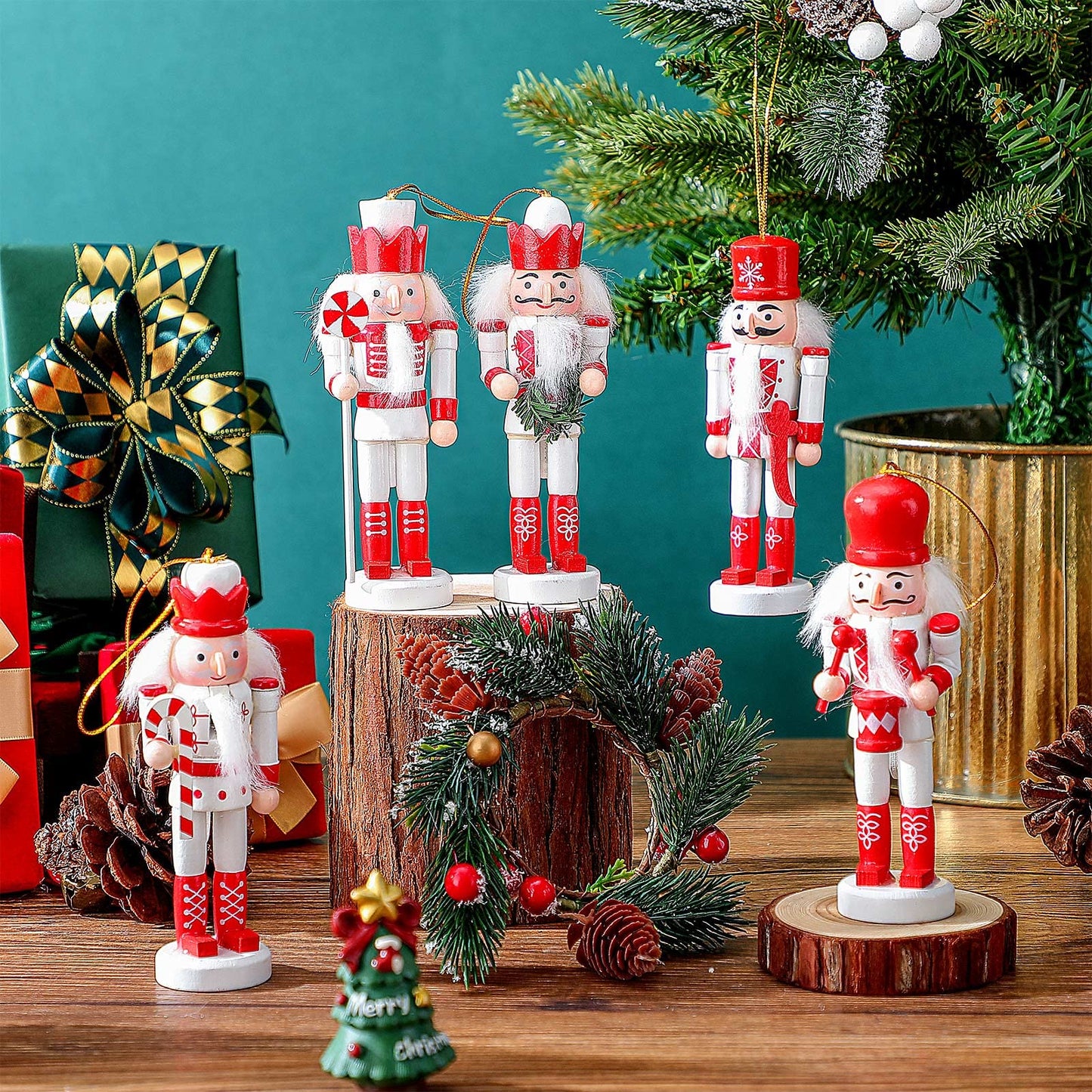 5 Set Christmas Nutcrackers Ornaments Set Glitter Candy Cane Wooden Soldier Figurines 5 Inch Pink Nutcracker Hanging Decoration Christmas Nutcracker Figures Ornaments Holiday Xmas Tree Decor