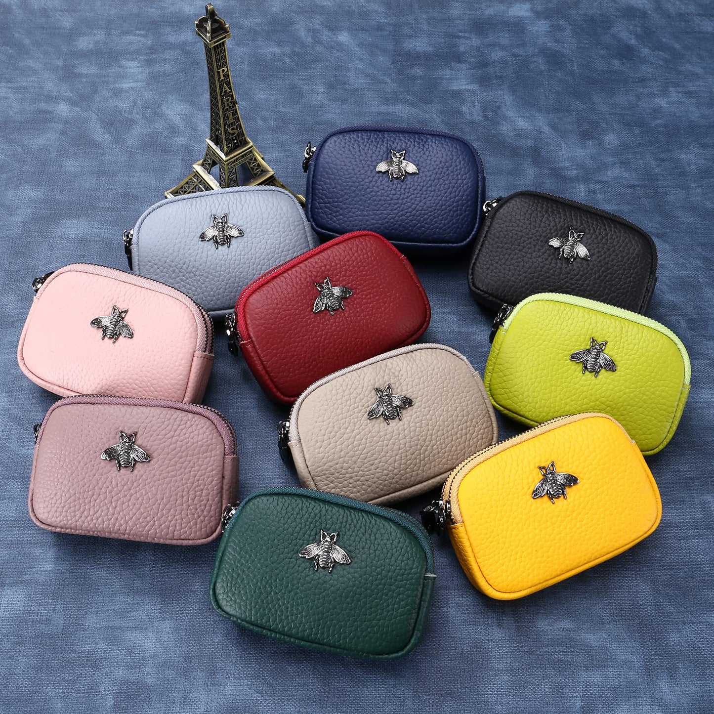 Yocipa Genuine Leather Coin Purse for Women Small Double Zipper Wallet Mini Change Pouch with Bee Charm for Cash Cards Keys Cute Compact Organizer (Light Blue)
